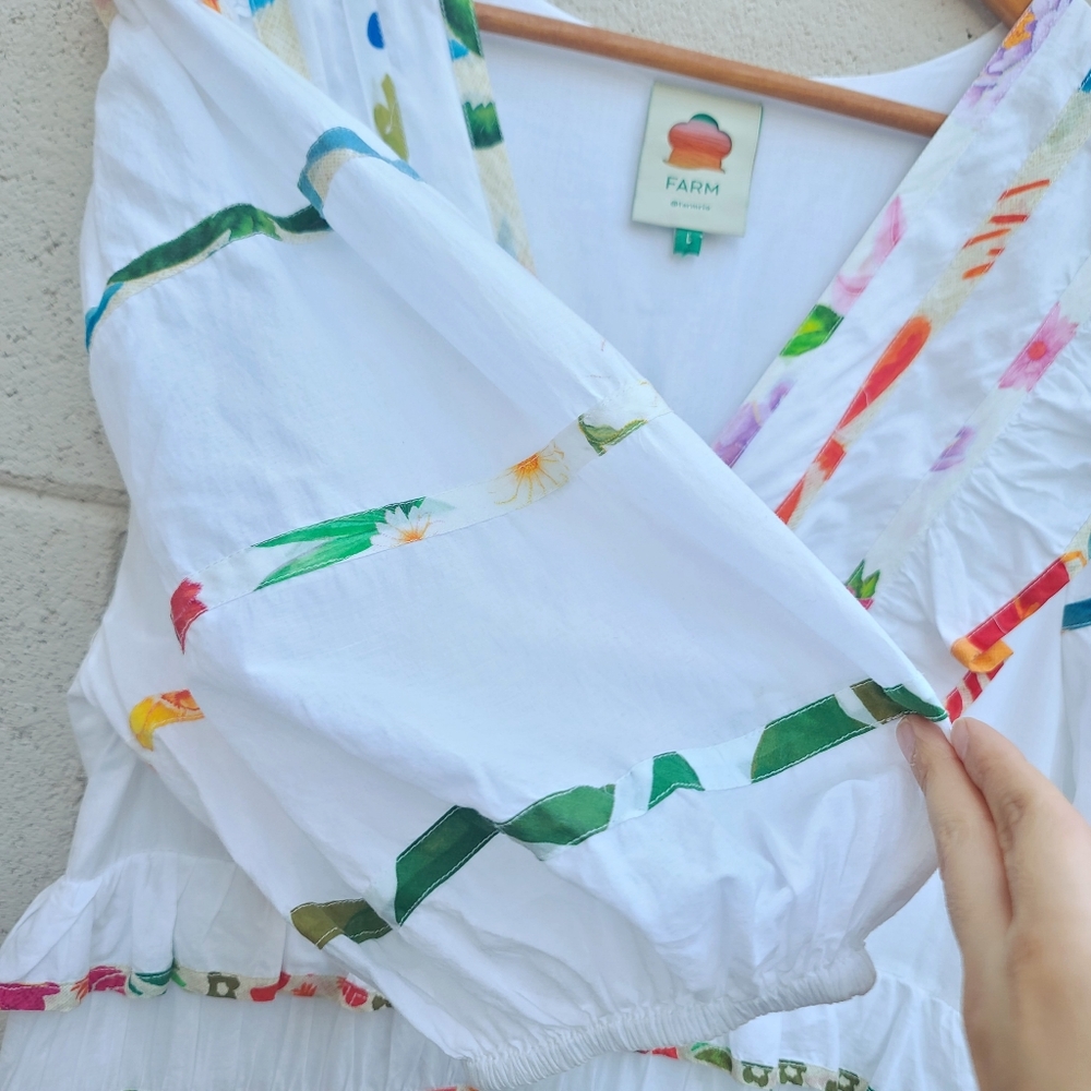 Farm Rio | Mixed Off-White Prints Midi Tiered Dress White Rainbow Size Large - Picture 6 of 14
